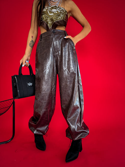 LUX leather imitation pants "BE STRONGER LD3347" - CHOCO